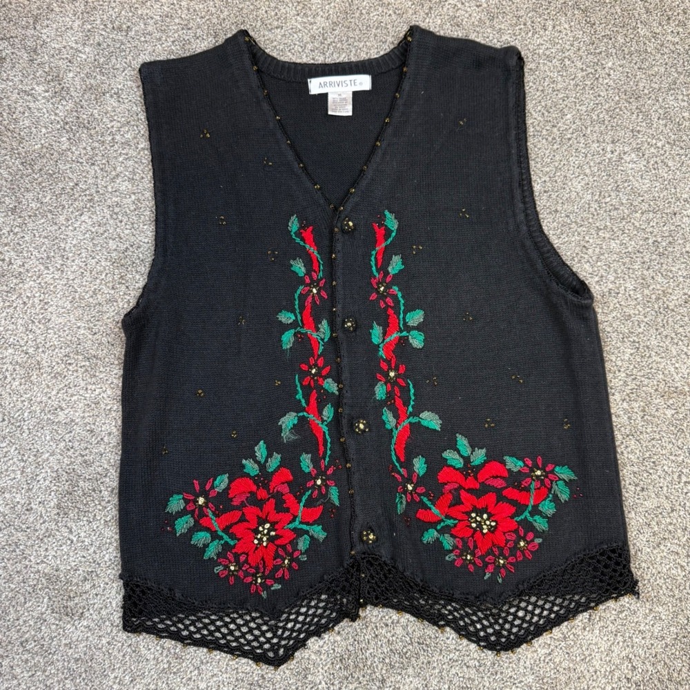 Arriviste Vintage Floral Embroidered Beaded Christmas Sweater Vest Black XL